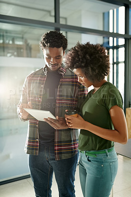 Buy stock photo Teamwork, research and people with tablet, office and planning for project, man and woman with tech. Creative, graphic designer and colleagues with app for brand identity, online or review of design