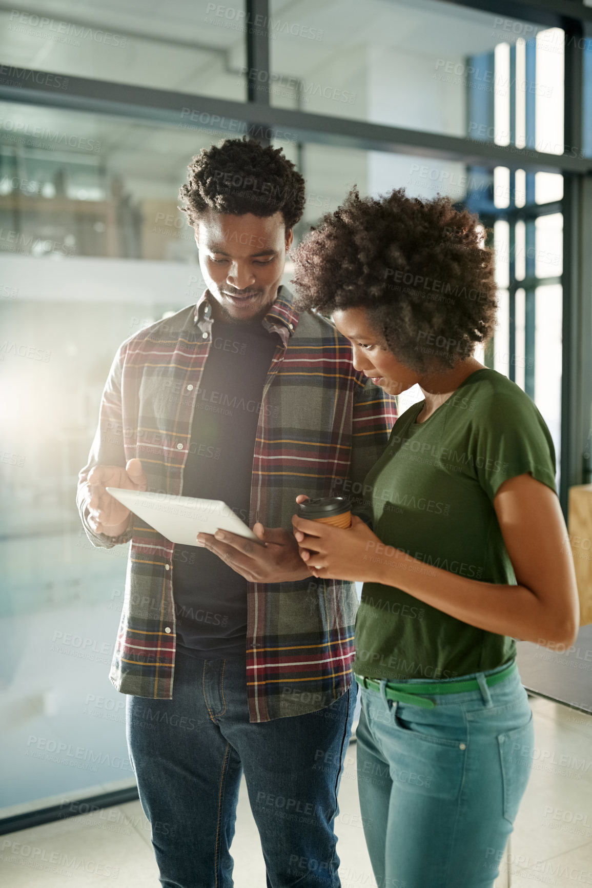 Buy stock photo Teamwork, research and people with tablet, office and planning for project, man and woman with tech. Creative, graphic designer and colleagues with app for brand identity, online or review of design