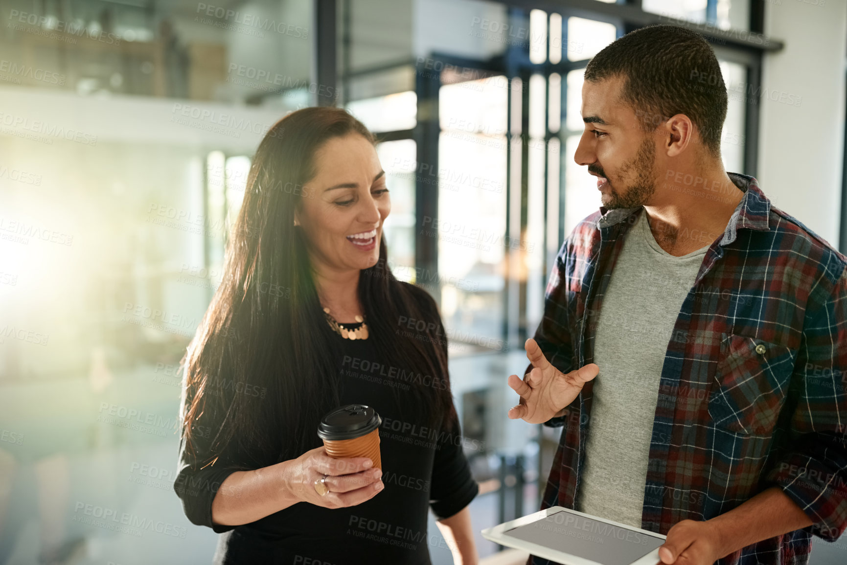 Buy stock photo Happy, tablet and business people in office with coffee for online report, research and strategy. Creative startup, teamwork and man with woman on digital tech for meeting, planning or project review