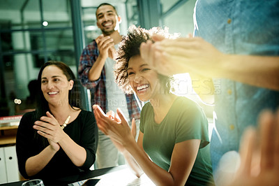Buy stock photo Business, team and happy with applause in meeting for campaign success, startup growth and pride. Marketing agency, staff and people with clapping for company performance, celebration and good news