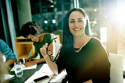 Buy stock photo Portrait, night and woman in meeting, smile and planning with copywriting, creative project or flare. Mature person, evening or journalist with submission, magazine editor or deadline for news report