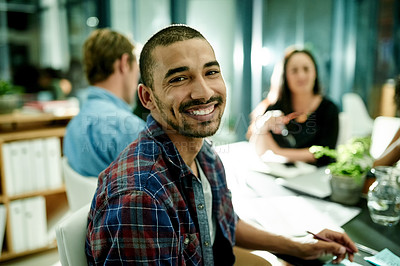 Buy stock photo Portrait, night and man in office with meeting, collaboration or teamwork in brainstorming session. Smile, lens flare and employee in boardroom with colleagues, vision and planning on late shift.