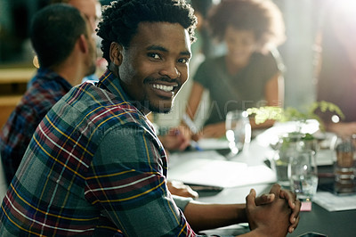 Buy stock photo Portrait, meeting and man in office with smile, collaboration or teamwork in training session. Happy, lens flare and employee in boardroom with colleagues, vision and planning in group workshop.