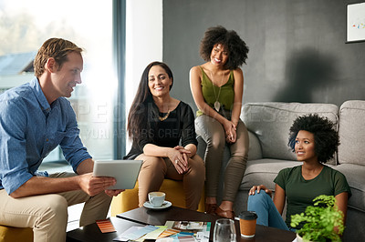 Buy stock photo Collaboration, planning and tablet with business people in lounge of office for brainstorming. Conversation, design and meeting with happy employee team on sofa in workplace for creative discussion