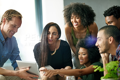 Buy stock photo Happy, group and pointing at tablet, office and plan for design project, creative and collaboration. UI designer, teamwork and people with tech for layout, discussion and ideas for assignment on web