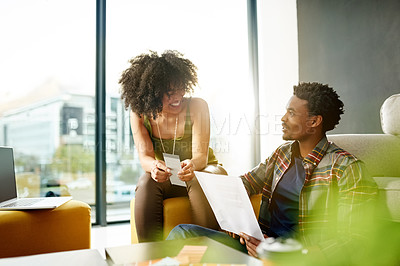 Buy stock photo Paperwork, conversation and business people in office with planning for creative project together. Discussion, happy and team of magazine editors working on article for publishing in workplace.
