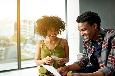 Buy stock photo Discussion, happy and business people in office with planning for creative project together. Conversation, laughing and team of magazine editors working on article for publishing in workplace.