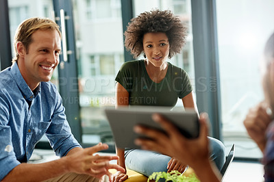 Buy stock photo Happy, people and team with tablet, office and review of layout on website, creative and discussion. UI designer, online and group with tech for design project, collaboration and ideas with research