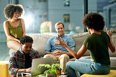 Buy stock photo Creative, woman and discussion in office for meeting, brainstorming and laptop with design team. Project manager, technology and report in agency for proposal process, feedback or web campaign agenda
