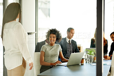 Buy stock photo Presentation, discussion and business people in office with team for creative project in collaboration. Technology, meeting and copywriters with speaker for article plan with publishing in workplace.
