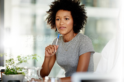 Buy stock photo Thinking, meeting and idea with business woman in office for planning, reflection and account manager. Portfolio review, consulting and perspective with employees in agency for vision and memory