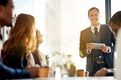 Buy stock photo Boardroom, pitch and man with tablet, meeting or new ideas for funding opportunity or communication. Office, people and account manager with tech for investment strategy, flare and business growth