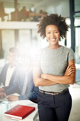 Buy stock photo Leadership, portrait and woman with arms crossed, office or ambition for career growth or corporate. Flare, people and account manager with positive mindset, confident and investment opportunity