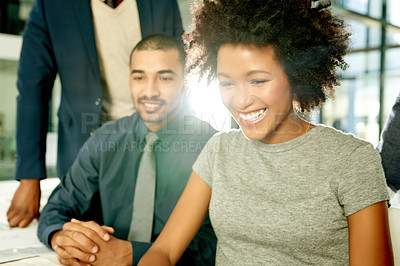 Buy stock photo Happy, office and woman with business people in meeting for teamwork, feedback and report. Professional, flare and excited workers together for project review, proposal discussion and collaboration