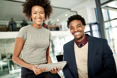 Buy stock photo Happy, tablet and portrait of business people in office lobby with confidence for budget planning. Smile, digital technology and financial advisors with pride for investment report in collaboration.