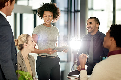 Buy stock photo Woman, meeting and team with tablet at office, talk and happy with review, proposal and risk management. People, group and smile with tech, application and feedback for report at insurance agency
