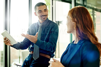 Buy stock photo Collaboration, explain and tablet with business people in office for meeting or web development. App, conversation and vision with developer team in workplace for optimization or responsiveness