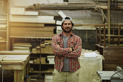 Buy stock photo Man, portrait and arms crossed in workshop for carpentry, furniture repair or manufacturing with timber. Carpenter, pride and male person with trade in woodworking industry, craftsman and lumber