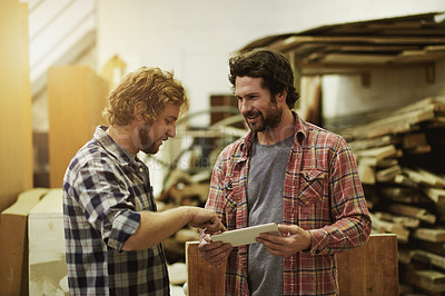 Buy stock photo Carpenter, team and men with tablet for woodwork, inventory and furniture manufacturing. Carpentry, collaboration and technology in workshop for production, discussion or planning project with smile