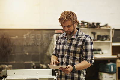 Buy stock photo Carpentry, tablet and man check plan in workshop for woodworking project, manufacturing and lumber. Carpenter, tech for production schedule and inventory checklist with design for furniture repair