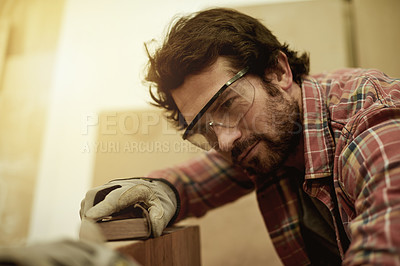 Buy stock photo Carpenter, workshop and man with sanding for woodwork, furniture restoration and artisan. DIY project, factory and handyman with timber, lumber or manufacturing for design and craft or production