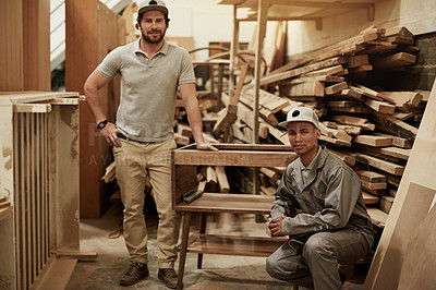Buy stock photo Woodwork, carpenter and team with portrait of men in warehouse for furniture, manufacturing or artisan project. Partnership, joinery studio and craftsman production with people for collaboration