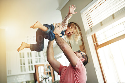Buy stock photo Airplane, laugh and father with daughter on sofa for flying games, bonding and love. Happiness, connection and balance with man and child in living room of family home for trust, growth and care