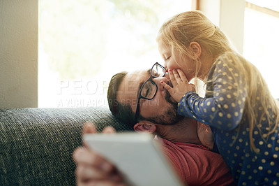 Buy stock photo Bonding, love or whisper with father and daughter on sofa in living room of home together for gossip. Cute, secret or quiet with girl child and single parent man in apartment for family time