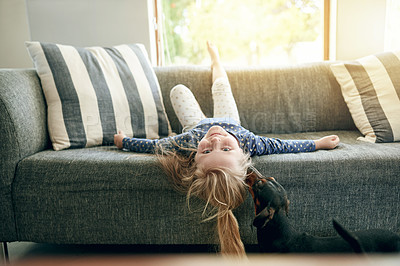 Buy stock photo Portrait, relax and dog with child on sofa of lounge for support, bonding and animal care. Happiness, pet owner and trust with kid and puppy in living room of home for love, security and loyalty