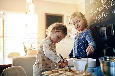 Buy stock photo Baking, muffins and children in kitchen in home for bonding, connection or learning on weekend. Happy, mixing bowl and girl kids with preparing batter in pan for cupcakes or dessert together.