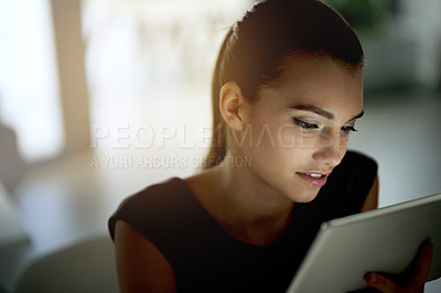Buy stock photo Realtor, tablet or woman in office for reading research, opportunity or listing services. Update, blog or real estate news on housing website to check on apartment info, online post or property ads