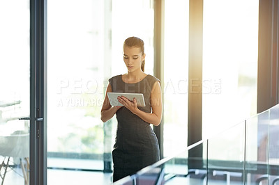 Buy stock photo Finance, news or businesswoman in lobby with tablet for budget savings, risk assessment or research. Financial advisor, review or investment banker with technology for accounting and payroll update