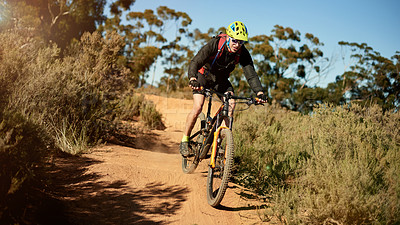 Buy stock photo Sport, man and bike on nature trail for journey, challenge and practice for competition. Fitness, athlete and bicycle on mountain course for adventure, exercise and cardio training in environment