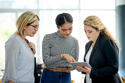 Buy stock photo Meeting, tablet and planning with business women in office for financial review, audit team and report. Budget update, treasury account and trader with employees in agency for investing profit