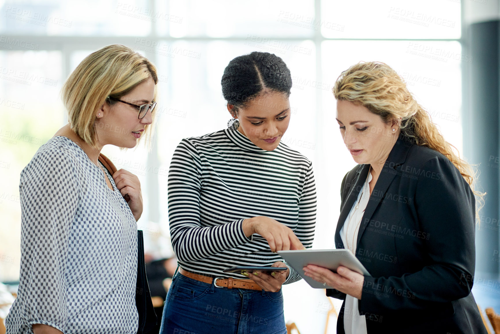 Buy stock photo Meeting, tablet and planning with business women in office for financial review, audit team and report. Budget update, treasury account and trader with employees in agency for investing profit