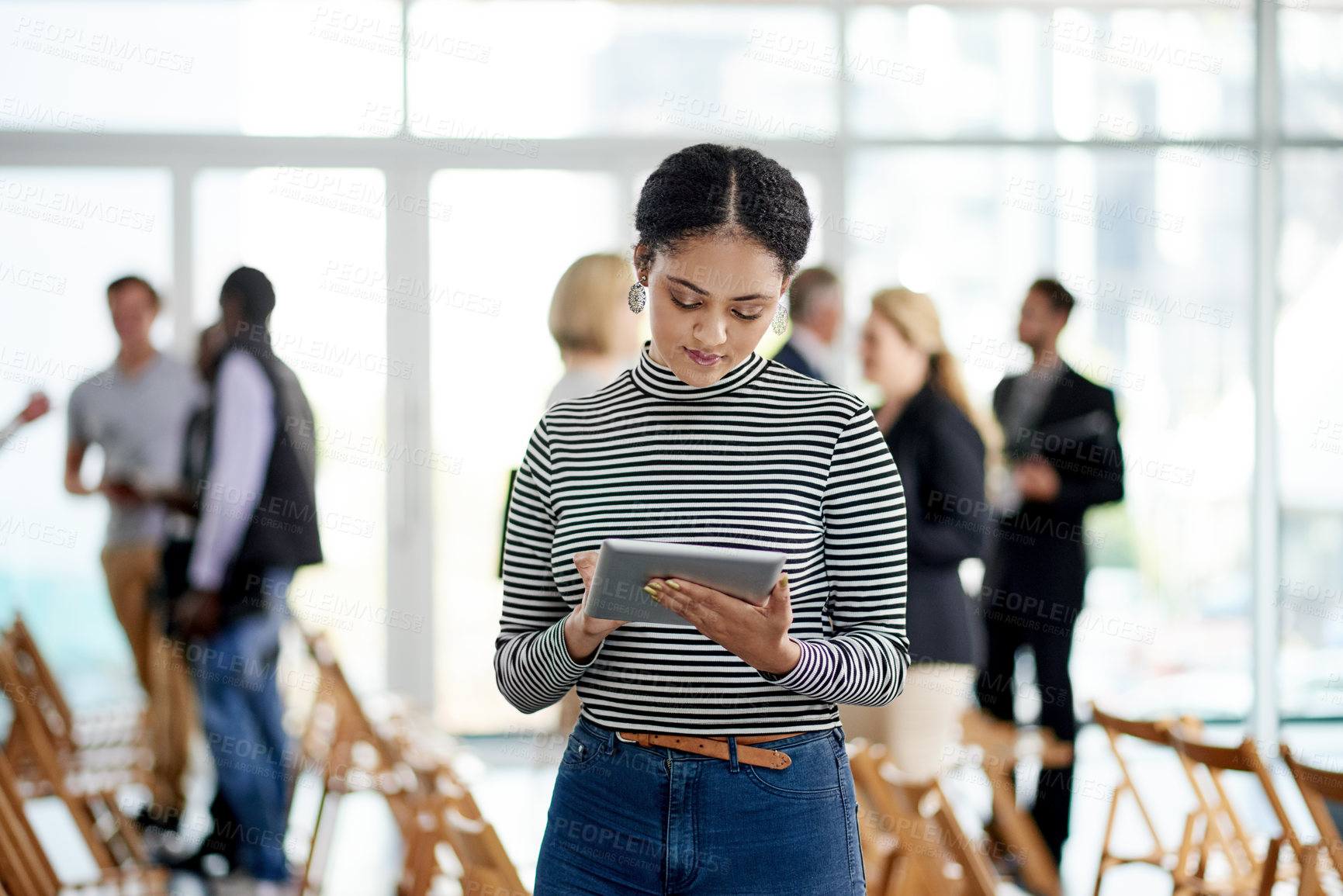 Buy stock photo Event, employee and woman with tablet, online and proofreading article on website, browse and media. Workshop, reporter and person with tech for story, editing or review of info, scroll and creative