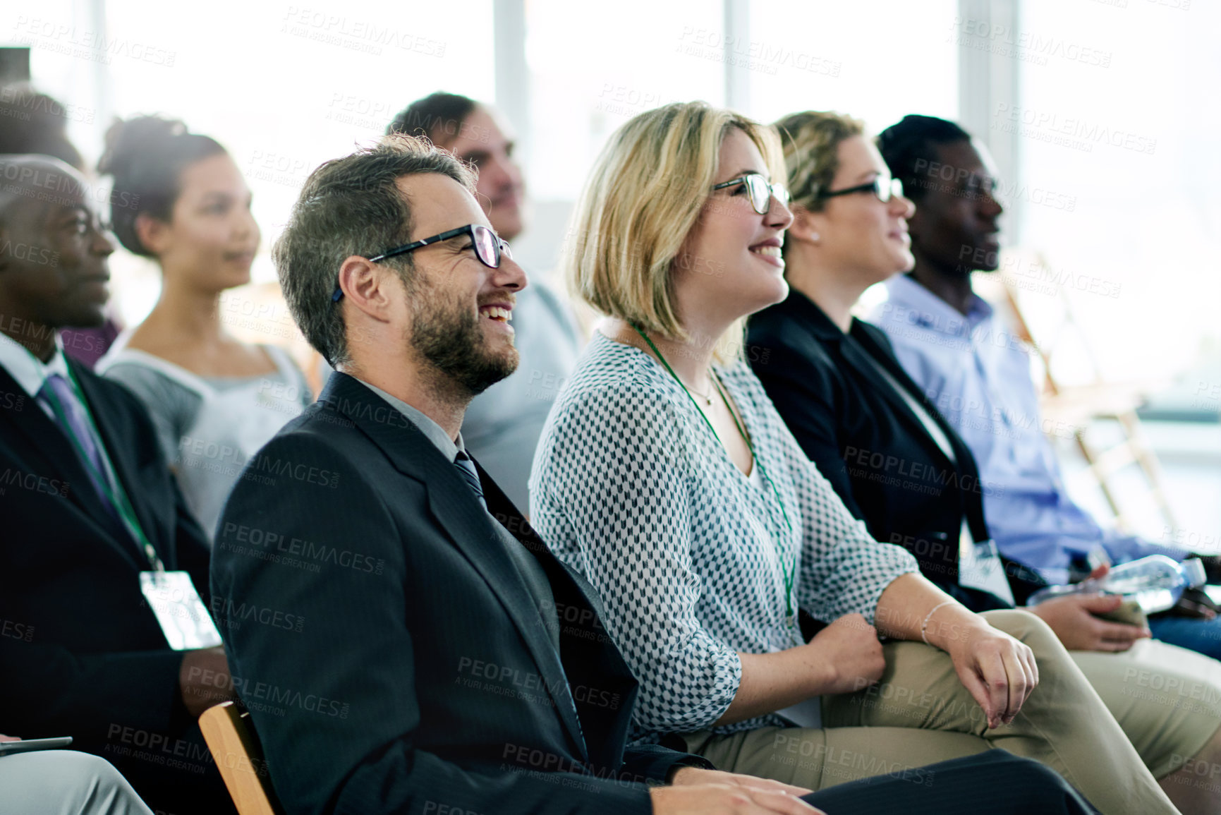 Buy stock photo Seminar, crowd and business people in office for meeting, conference or discussion for training. Workshop, audience and group of professionals at convention for company policies or presentation