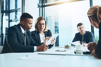 Buy stock photo Business people, meeting and discussion with tablet in office for report, analysis or project. Accounting, employees and tech with document for brainstorming, planning or proposal for feedback