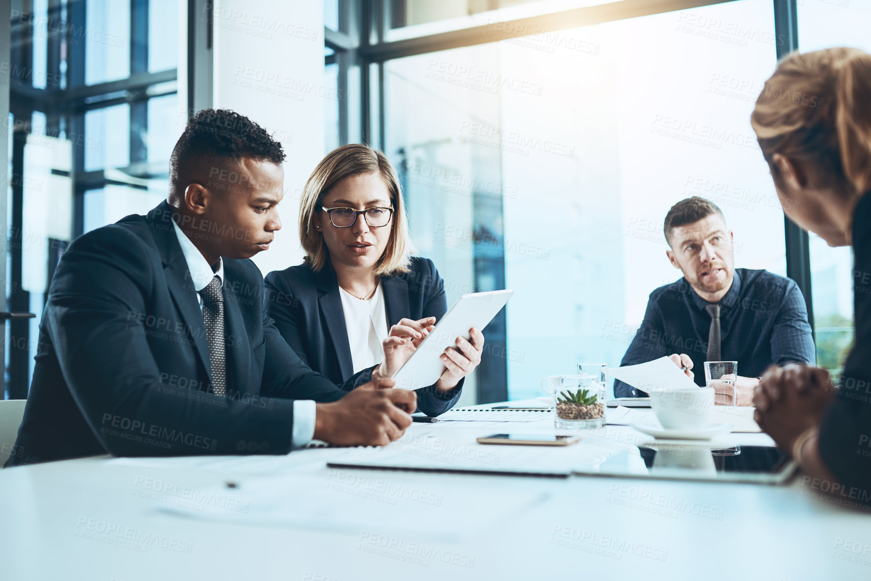 Buy stock photo Business people, meeting and discussion with tablet in office for report, analysis or project. Accounting, employees and tech with document for brainstorming, planning or proposal for feedback