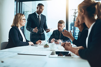 Buy stock photo Business people, meeting and conversation with tech in office for report, analysis or project. Accounting, employees and feedback with tablet for brainstorming, planning or proposal for document
