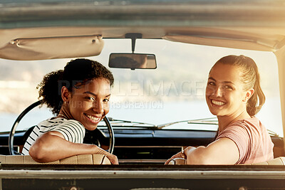 Buy stock photo Road trip, happy and portrait of women in car for summer holiday, vacation and adventure in countryside. Friends, smile and people in vehicle for bonding on journey, tourism and travel destination