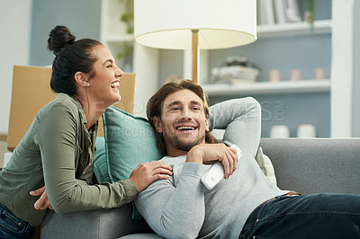 Buy stock photo Couple, happy and relax with watching tv in new home for weekend break, bonding and comedy movie. Love, people and laughing on sofa for funny series, streaming subscription and support in living room