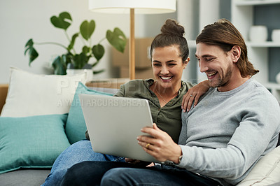 Buy stock photo Happy, relax and couple on sofa with laptop for watching movies, funny series and entertainment. Bonding, dating and man with woman on computer for subscription, film and comedy on weekend in home