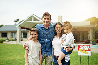 Buy stock photo Portrait, happy and family with hug of new home for real estate success, investment and homeowner. Parents, kids and embrace for property purchase, approved mortgage and achievement for secure future