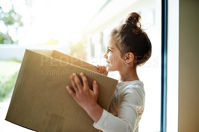 Buy stock photo New home, boxes and girl with smile, profile and excited with rent for property, happiness and moving. Apartment, cardboard and real estate with lens flare, goals and mortgage with investment