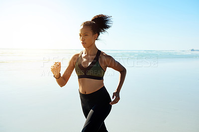 Buy stock photo Thinking, woman and running for fitness on beach for exercise, training and endurance routine. Space, female person and jog with blue sky, sports workout and marathon practice on ocean for wellness