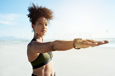 Buy stock photo Blue sky, stretching and woman on beach for yoga exercise for mobility, wellness and healthy body. Nature, morning and person by ocean, sea and waves for muscle strength, balance and workout routine