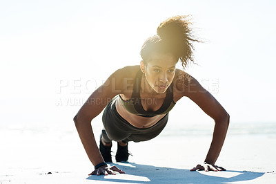 Buy stock photo Fitness, push up and thinking with woman on beach for balance, power or physical challenge. Concentration, exercise and space with African athlete on blue sky for improvement or strength training