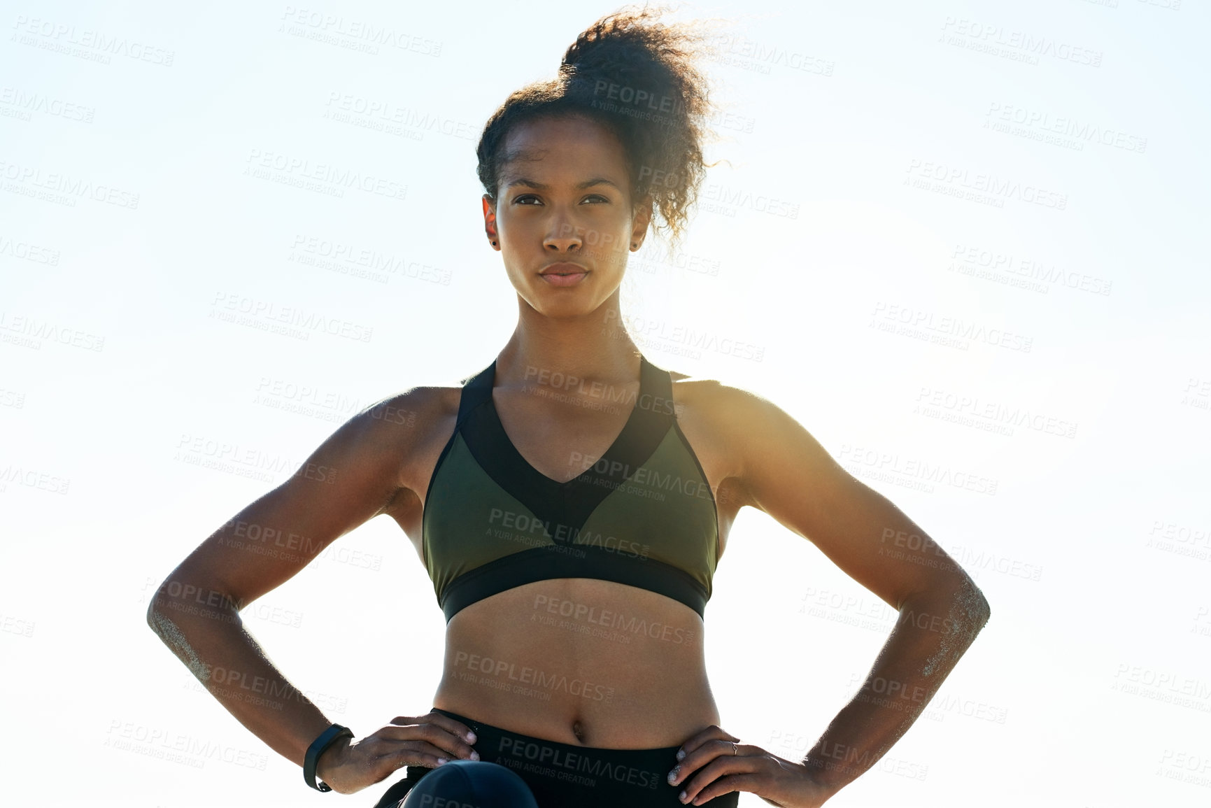 Buy stock photo Thinking, athlete and woman with confidence outdoor for fitness, exercise and training ideas. Blue sky, female person and space for sports workout, cardio reflection or planning for marathon practice