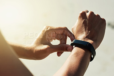 Buy stock photo Fitness, hands and person in outdoor with smart watch, health and exercise in training. Wellness, cardio tracking and athlete at flare with technology, reset timer and digital app to count steps.